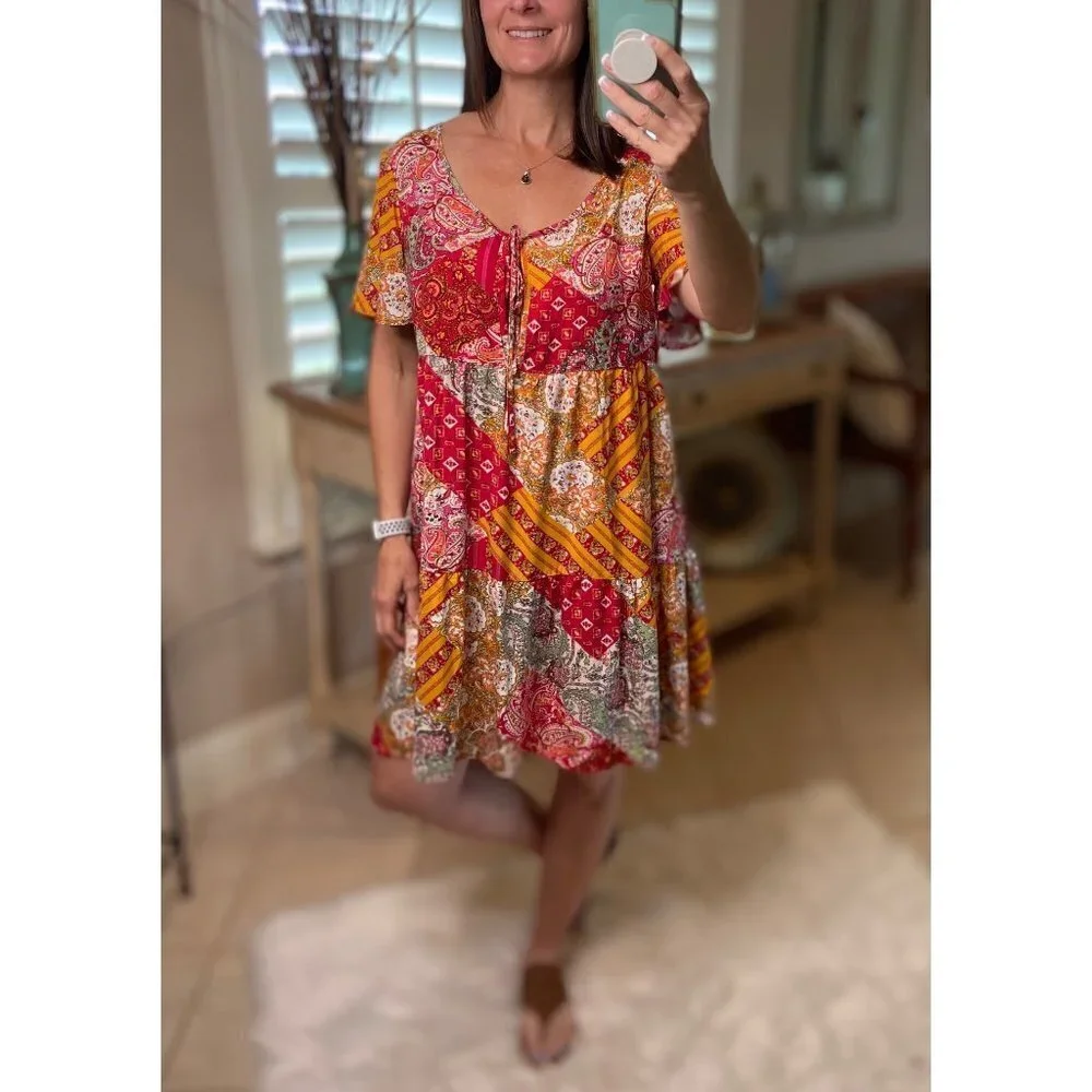 Boho Patchwork Floral V Neck Tie Keyhole Babydoll Chic Dress Red 1821